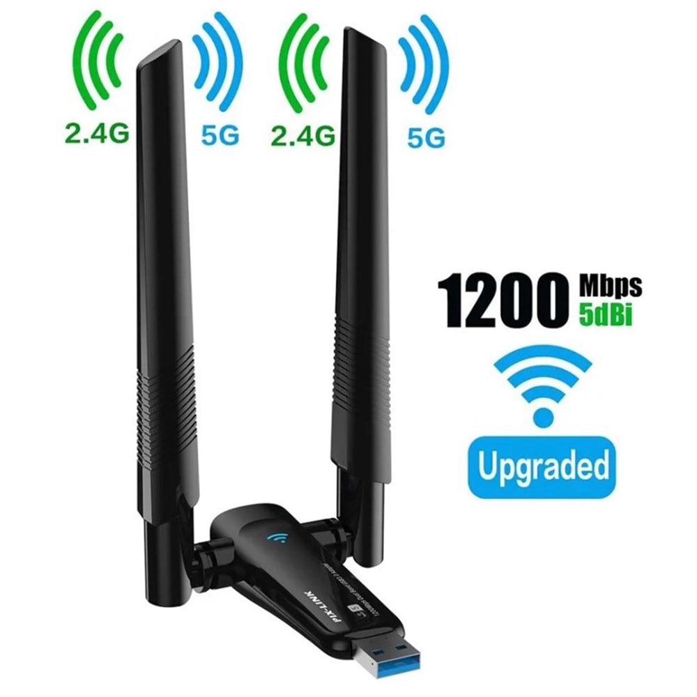 Pix-Link AC1200 867Mbps 5GHz + 300Mbps 2.4 GHz Çift Anten Wireless USB Adaptör