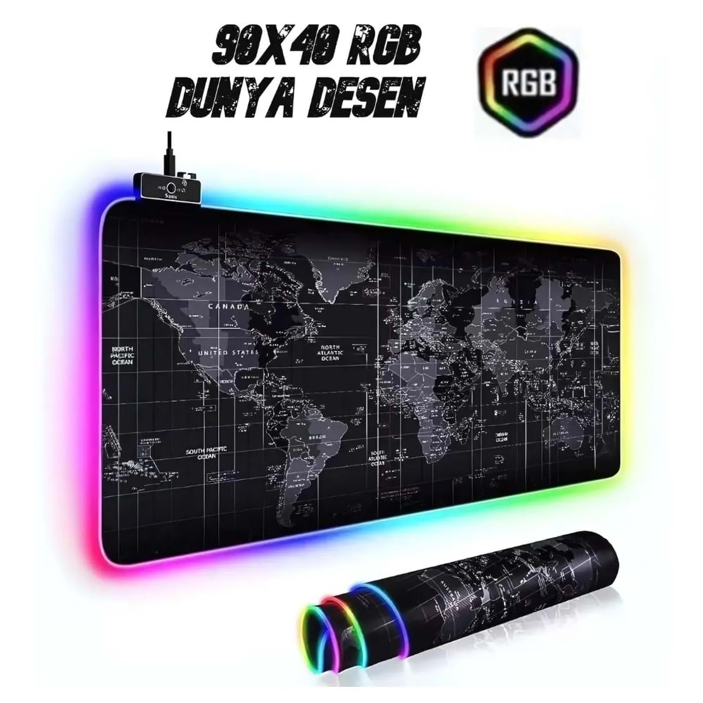 Kaymaz Taban Işıklı Rgb 90x40 Cm. Oyuncu Ledli Dünya Haritası Desenli Mousepad